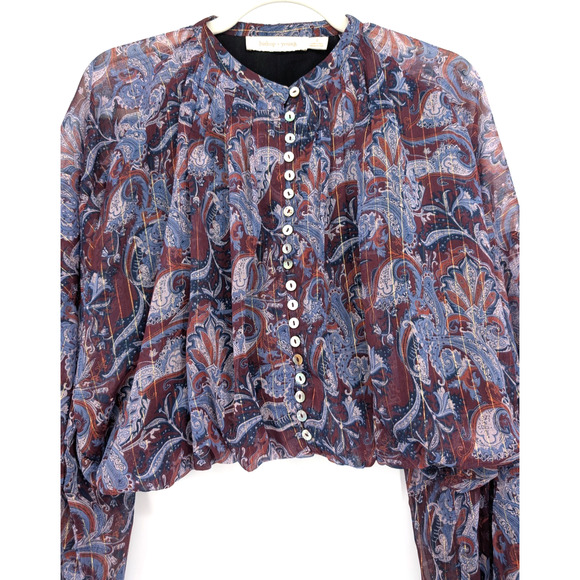 Bishop + Young Paisley Button Up Balloon Sleeve Sheer Bubble Hem Blouse Small - Picture 3 of 9